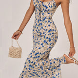 Floral Summer Night Spaghetti Strap Maxi Dress with Ruched Front