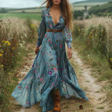 Women's Bohemian Floral Print Maxi Dress With Long Sleeves