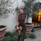 Asymmetric Ruched Chocolate Brown Wedding Guest Mini Dress