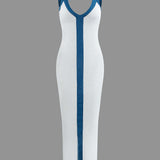 Colorblock V-Neck Ribbed Cocktail Maxi Dress