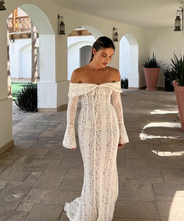 Elegant Off-Shoulder Lace Wedding Guest Maxi Dress