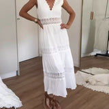 Cute Airy White Summer Midi dress with lace and V-neck