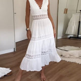 Cute Airy White Summer Midi dress with lace and V-neck