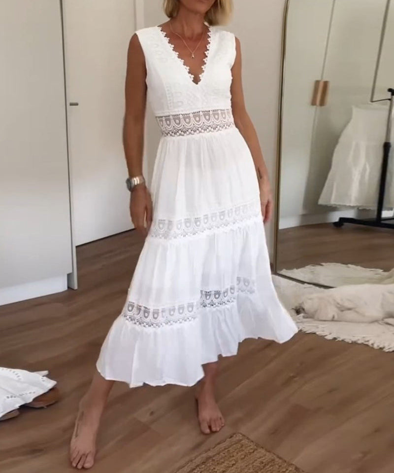 Cute Airy White Summer Midi dress with lace and V-neck