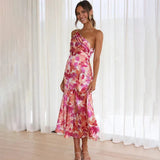 Elegant one-shoulder floral Cocktail Party dress