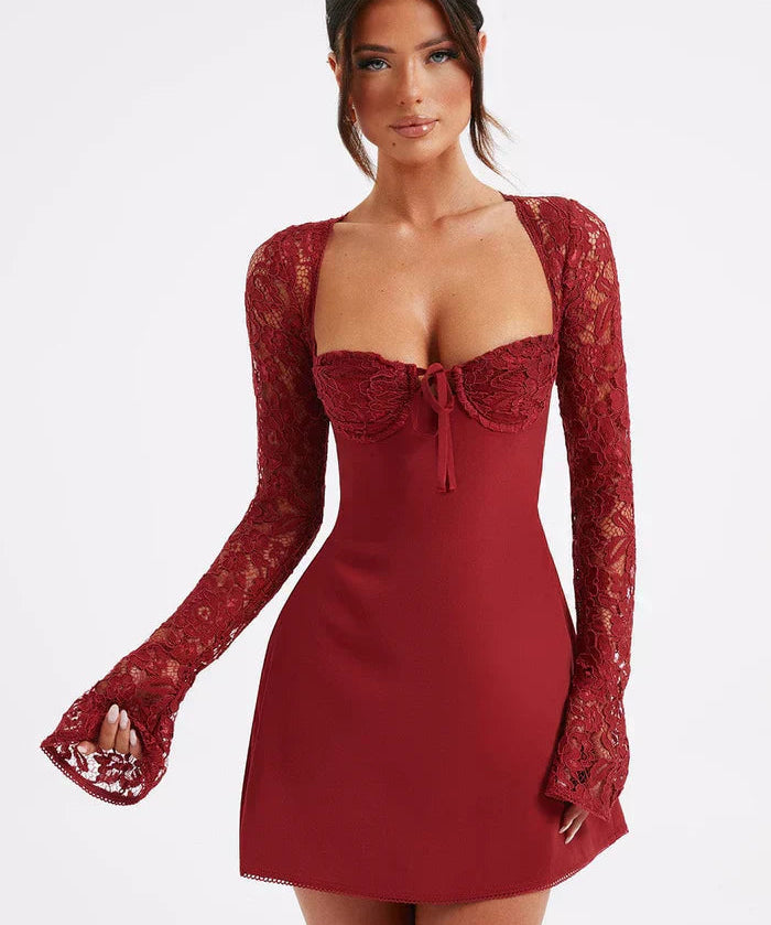 Red Lace Up Party Mini Dress