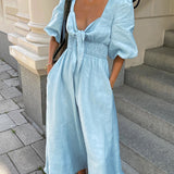 Blue Linen Blend Summer Midi Dress