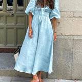 Blue Linen Blend Summer Midi Dress