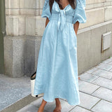 Blue Linen Blend Summer Midi Dress