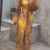 Luxurious Evening Maxi Dress - Yellow & purple