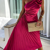 Elegant Shoulder Pleated Special Occasion Midi Dress
