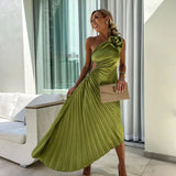 Elegant Shoulder Pleated Special Occasion Midi Dress