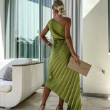 Elegant Shoulder Pleated Special Occasion Midi Dress