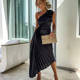 Elegant Shoulder Pleated Special Occasion Midi Dress