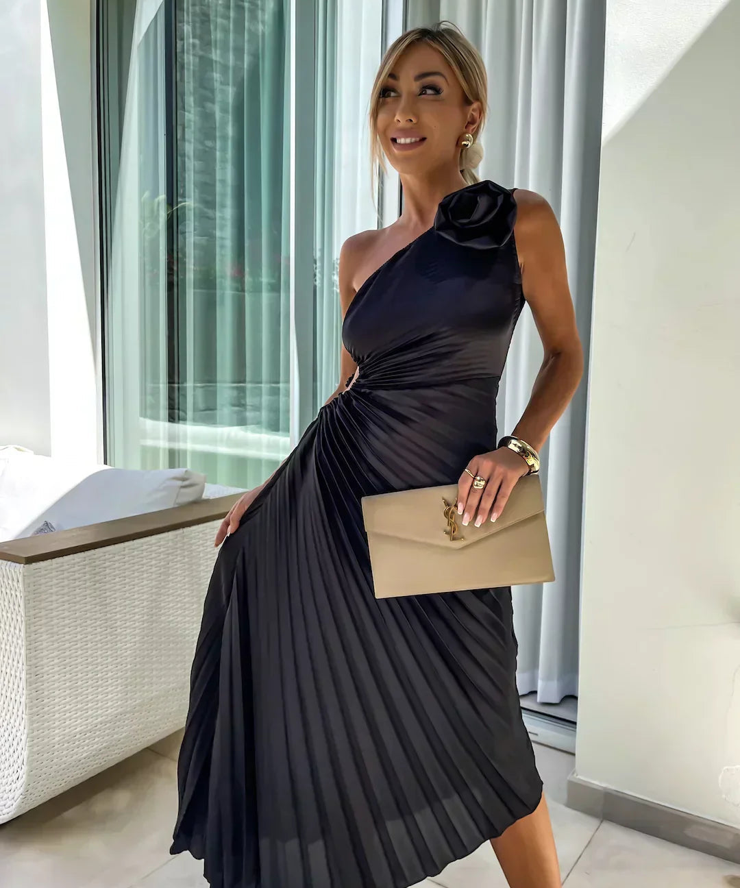 Elegant Shoulder Pleated Special Occasion Midi Dress