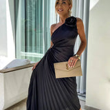 Elegant Shoulder Pleated Special Occasion Midi Dress