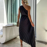 Elegant Shoulder Pleated Special Occasion Midi Dress