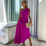 Elegant Shoulder Pleated Special Occasion Midi Dress