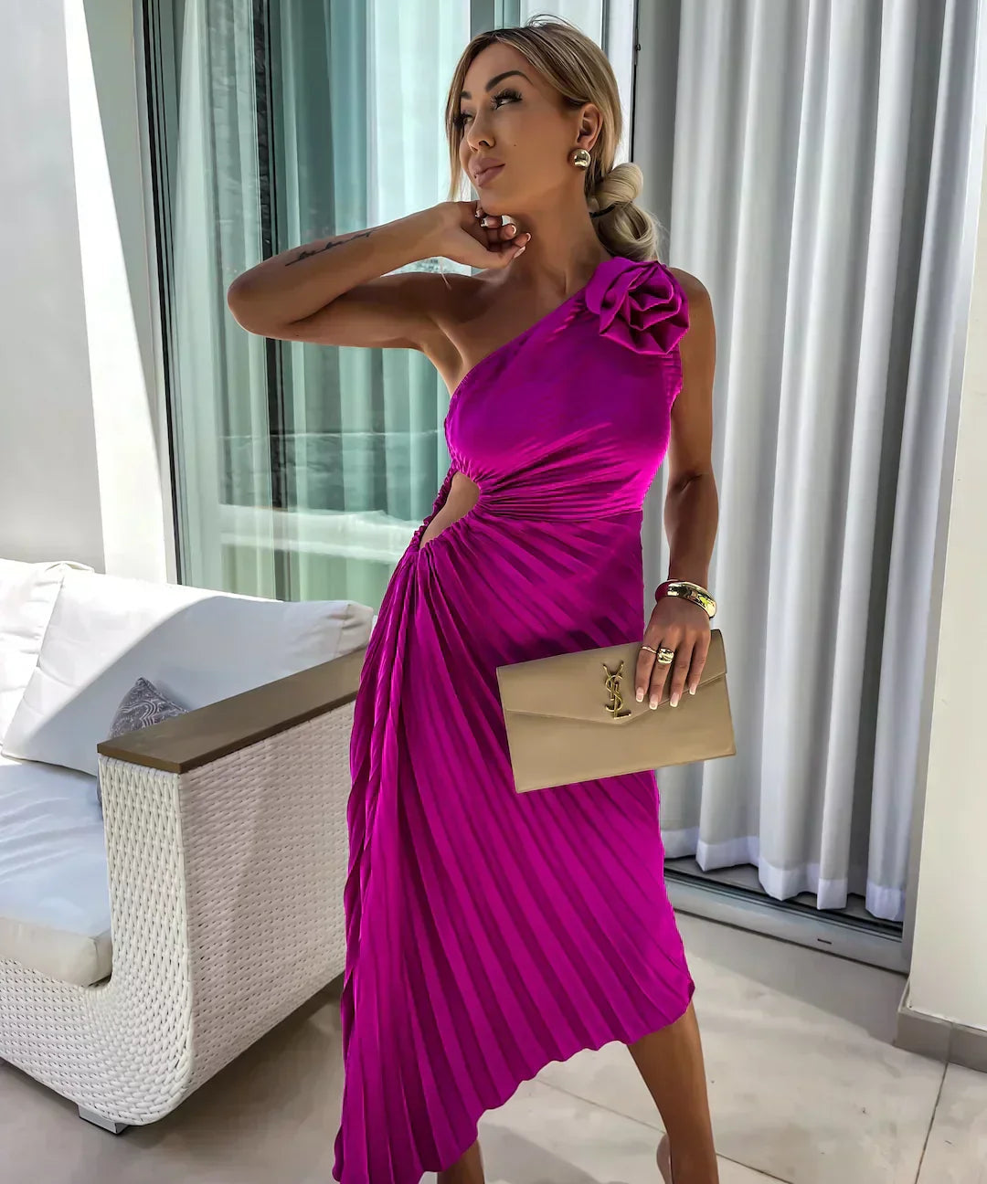 Elegant Shoulder Pleated Special Occasion Midi Dress