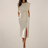 Elegant Midi Dress with Button Detail and Side Slit