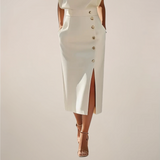Elegant Midi Dress with Button Detail and Side Slit