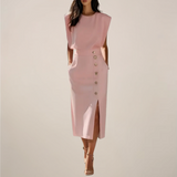 Elegant Midi Dress with Button Detail and Side Slit