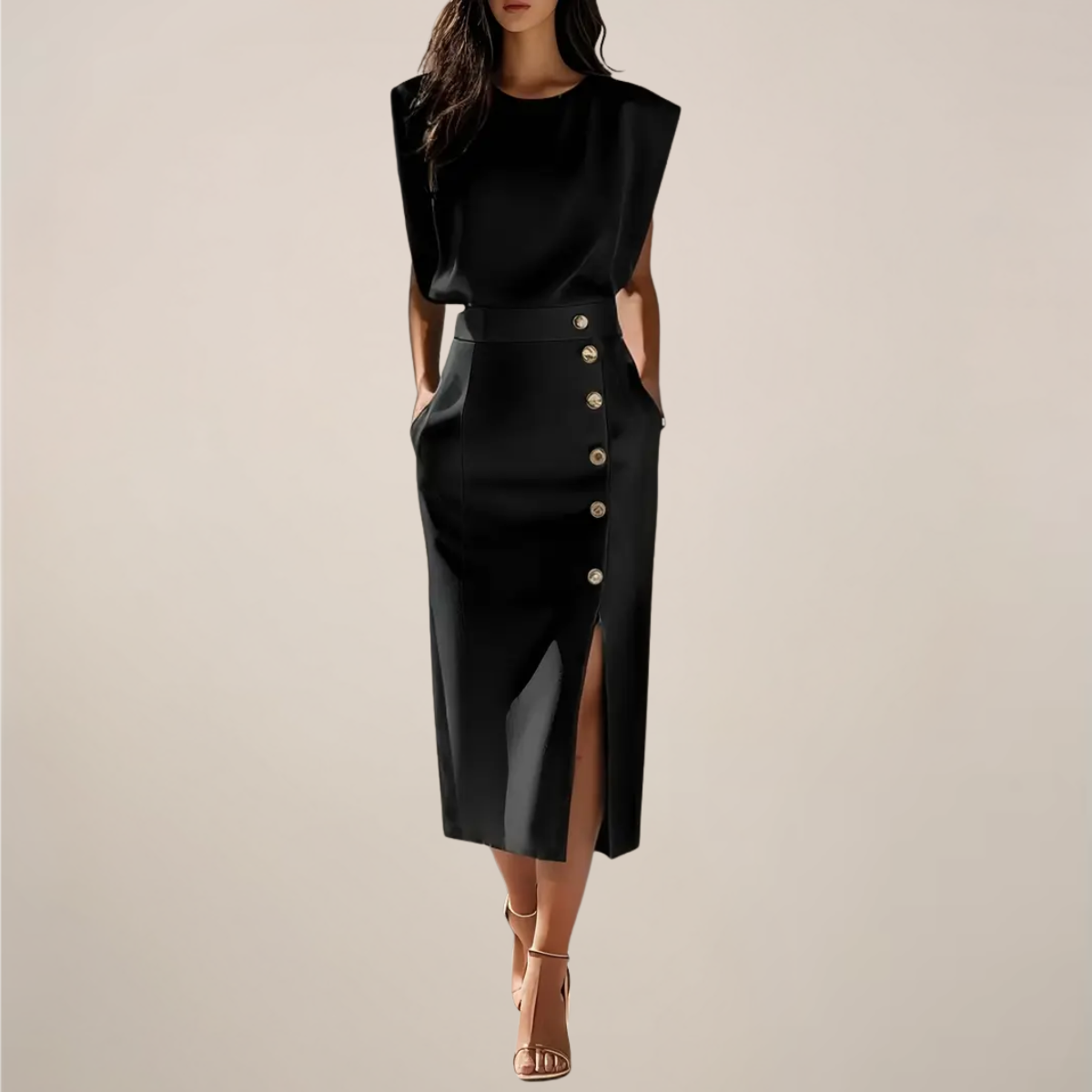 Elegant Midi Dress with Button Detail and Side Slit
