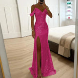 Off-Shoulder Sequined Formal Evening Gown Maxi Dress