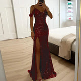 Off-Shoulder Sequined Formal Evening Gown Maxi Dress