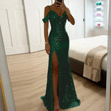 Off-Shoulder Sequined Formal Evening Gown Maxi Dress