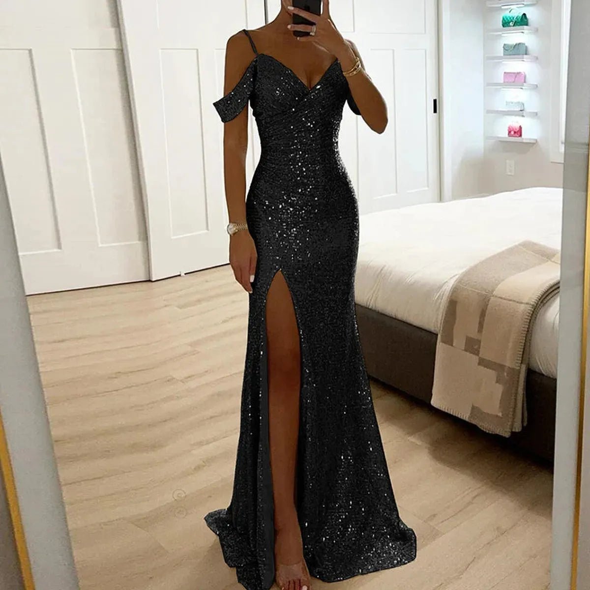 Off-Shoulder Sequined Formal Evening Gown Maxi Dress