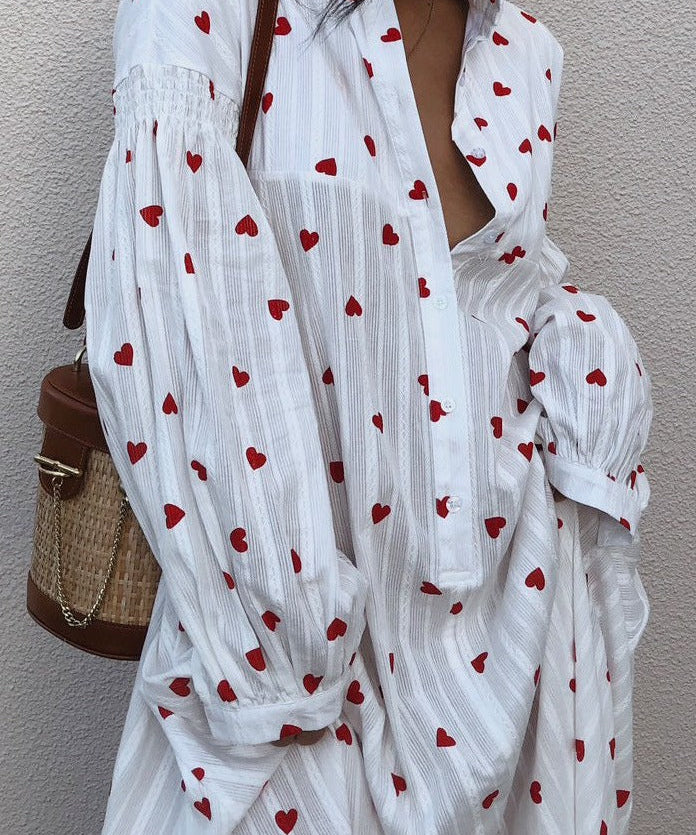 Summer Oversized Hearts Embroidered Shirt Dress