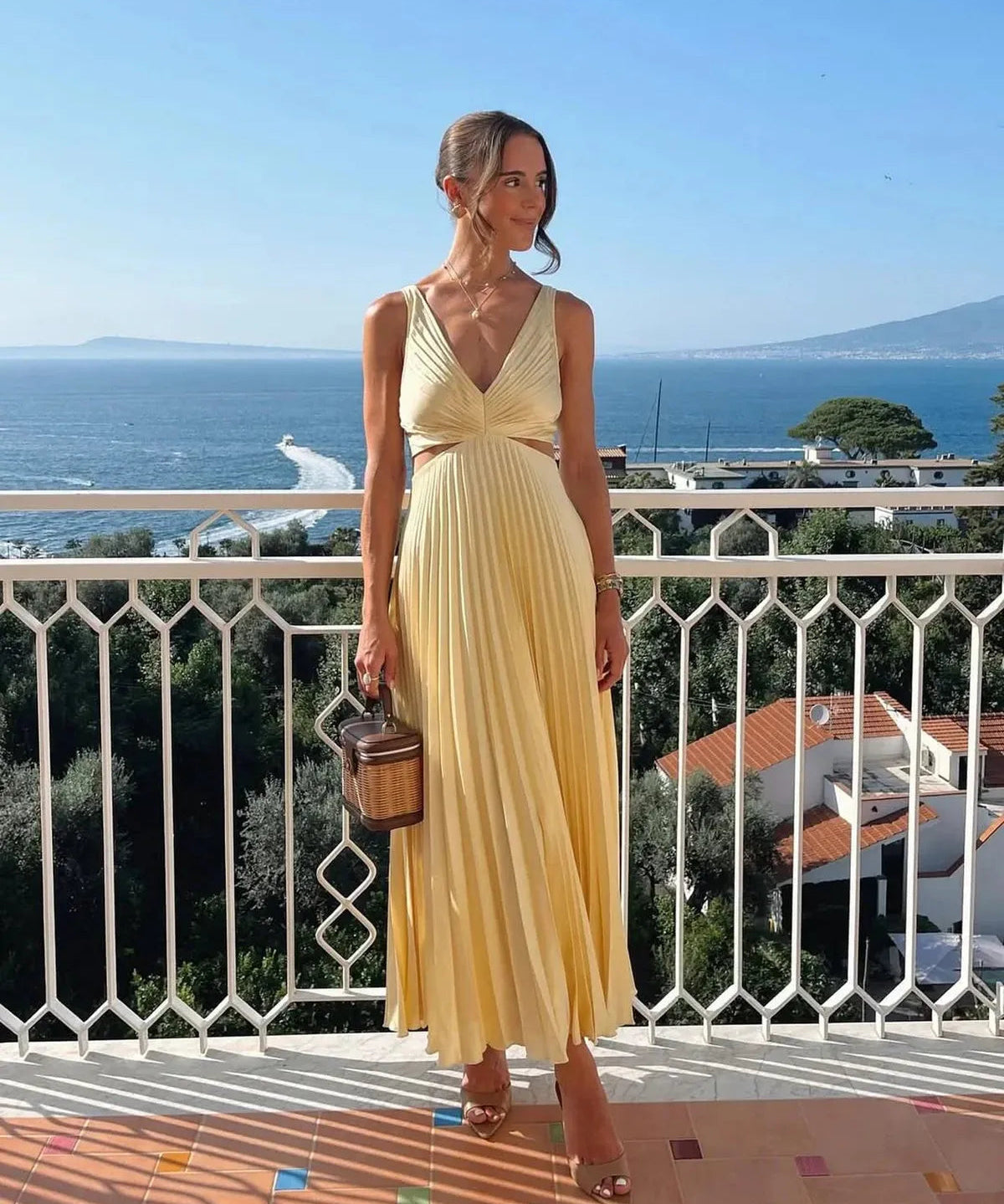 Yellow Pleated Summer Party Maxi Dress