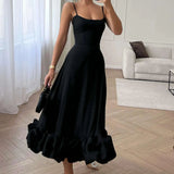 Elegant Black Ruffle Evening Party Midi Dress
