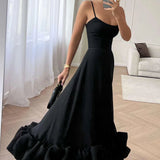 Elegant Black Ruffle Evening Party Midi Dress
