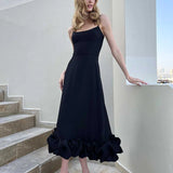 Elegant Black Ruffle Evening Party Midi Dress