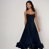 Elegant Black Ruffle Evening Party Midi Dress