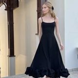 Elegant Black Ruffle Evening Party Midi Dress