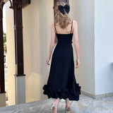 Elegant Black Ruffle Evening Party Midi Dress