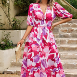 Elegant Floral Party Midi Dress with Puff Sleeves
