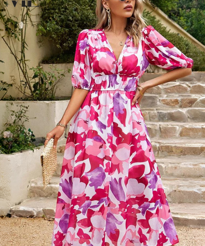 Elegant Floral Party Midi Dress with Puff Sleeves