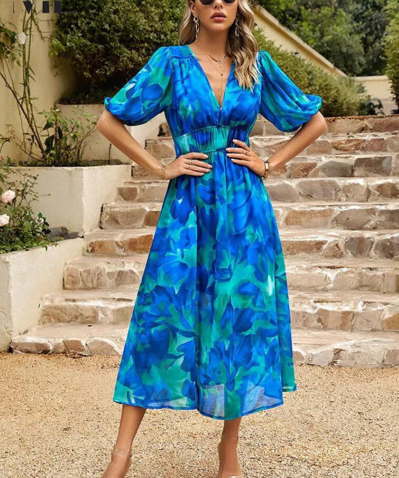 Elegant Floral Party Midi Dress with Puff Sleeves