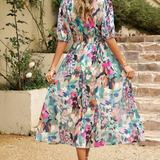 Elegant Floral Party Midi Dress with Puff Sleeves