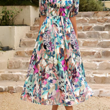 Elegant Floral Party Midi Dress with Puff Sleeves