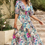 Elegant Floral Party Midi Dress with Puff Sleeves