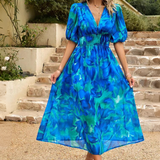 Elegant Floral Party Midi Dress with Puff Sleeves