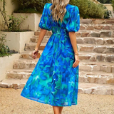 Elegant Floral Party Midi Dress with Puff Sleeves