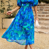 Elegant Floral Party Midi Dress with Puff Sleeves