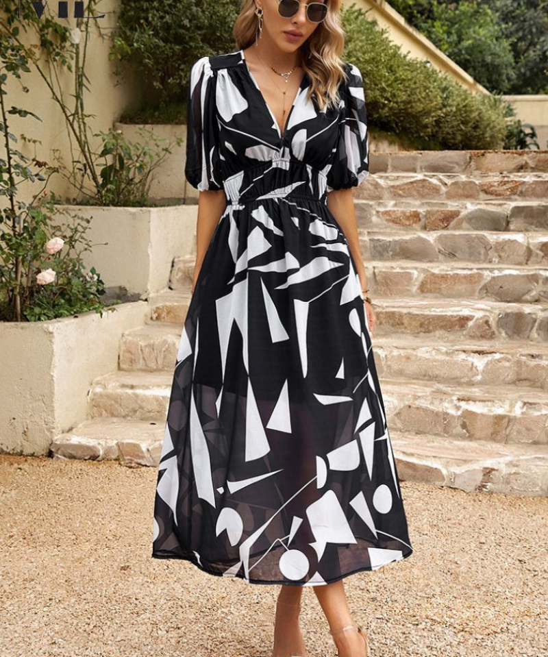 Elegant Floral Party Midi Dress with Puff Sleeves