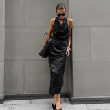 Black Satin Halter Wedding Guests Maxi Dress